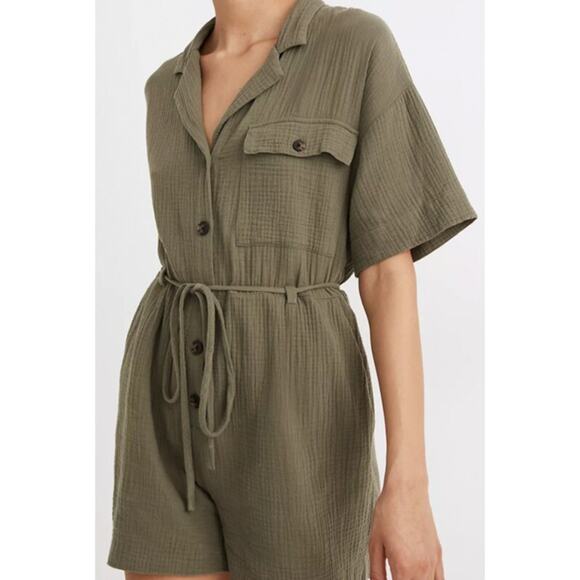 Madewell casual olive-green double gauze button down romper, size small - Picture 6 of 6